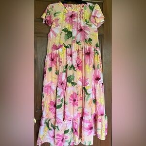 Pink Floral Tiered Maxi Dress with Pink Yellow and Green Blooms. Size Small New!